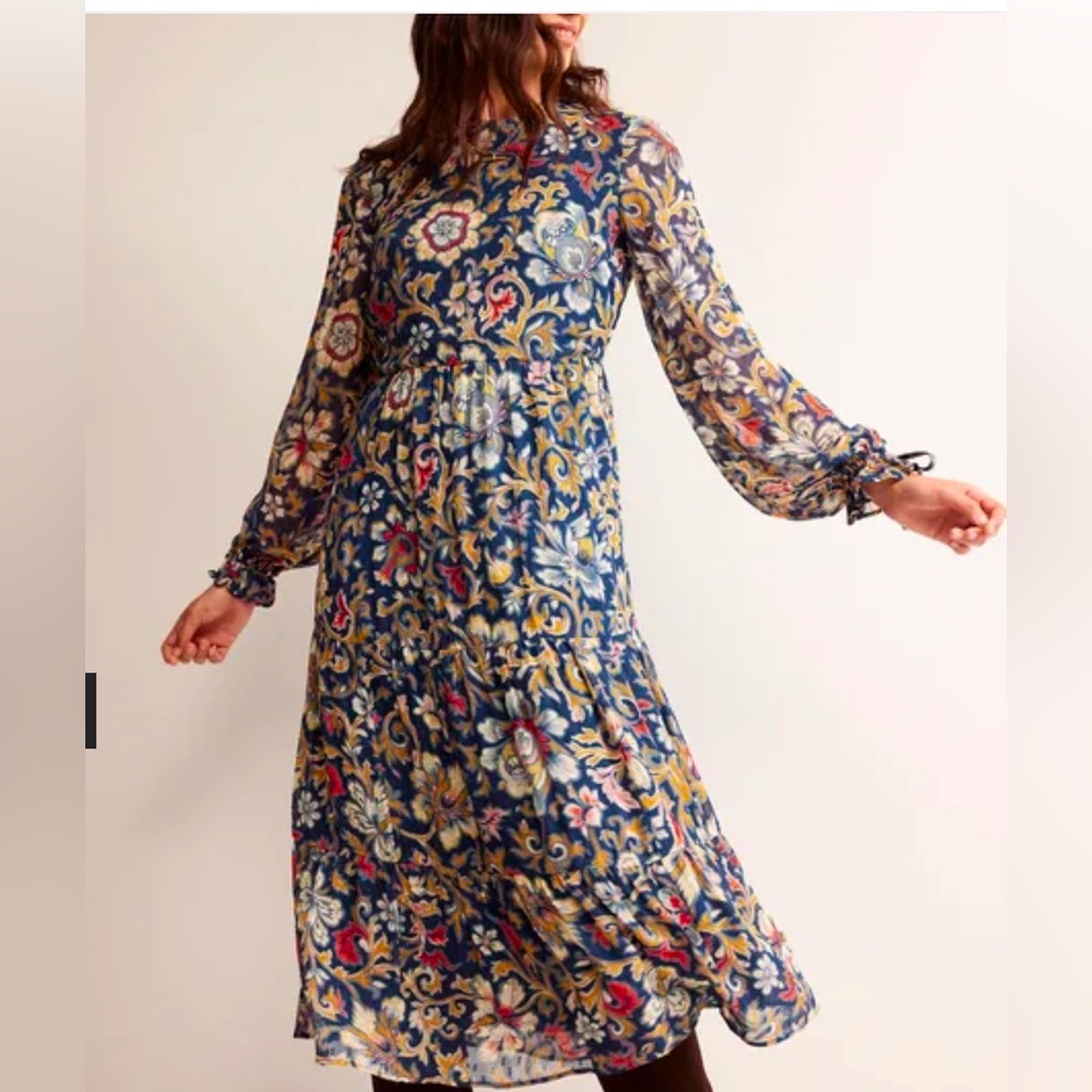 Boden Tie Detail Tiered Midaxi Dress Botanical Lawn Size 2P